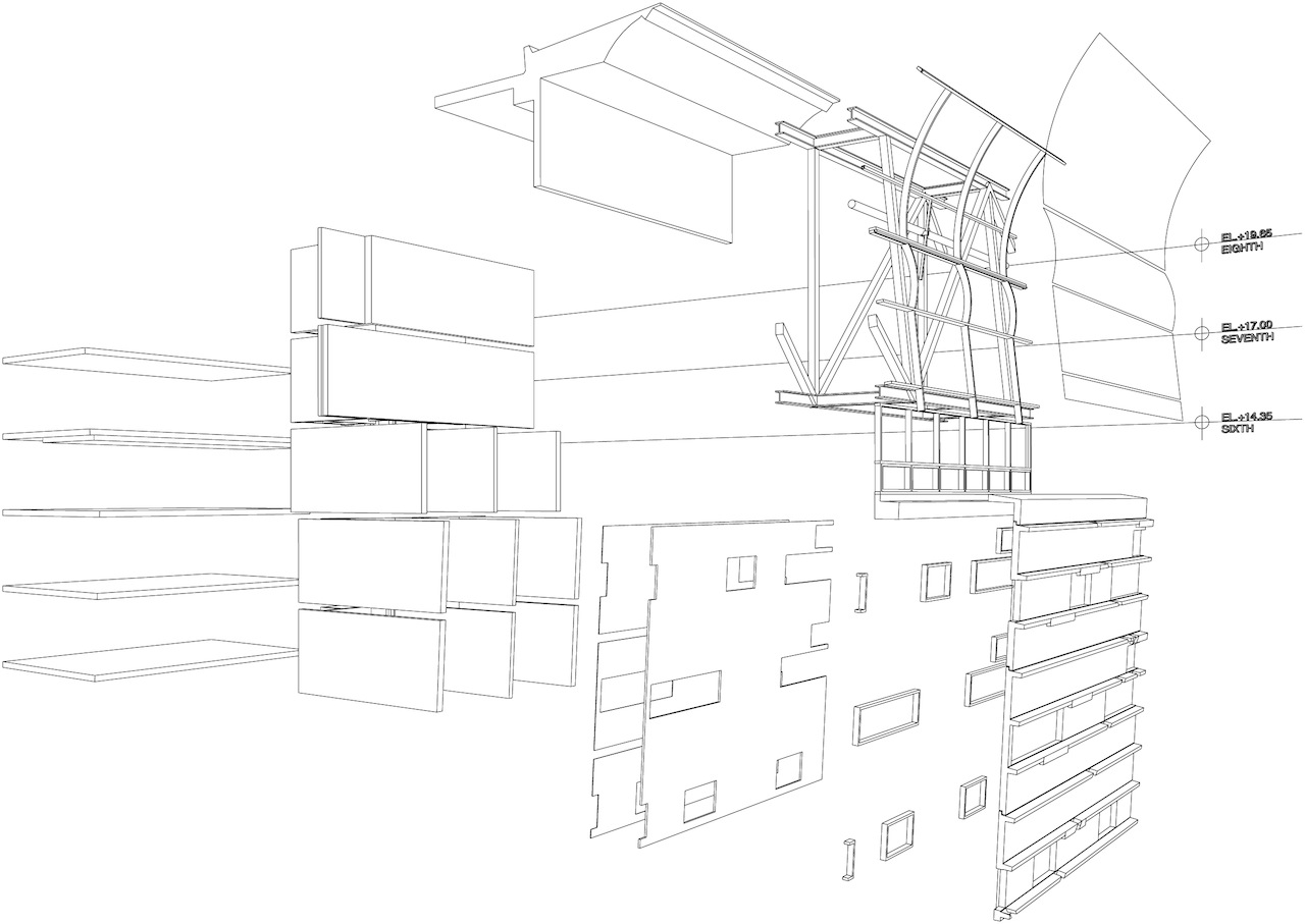 Esempio di involucro multilayer per il controllo del microclima del comfort indoor. The Caltrans District 7 Headquarters, Morphosis, Los Angeles, 2004