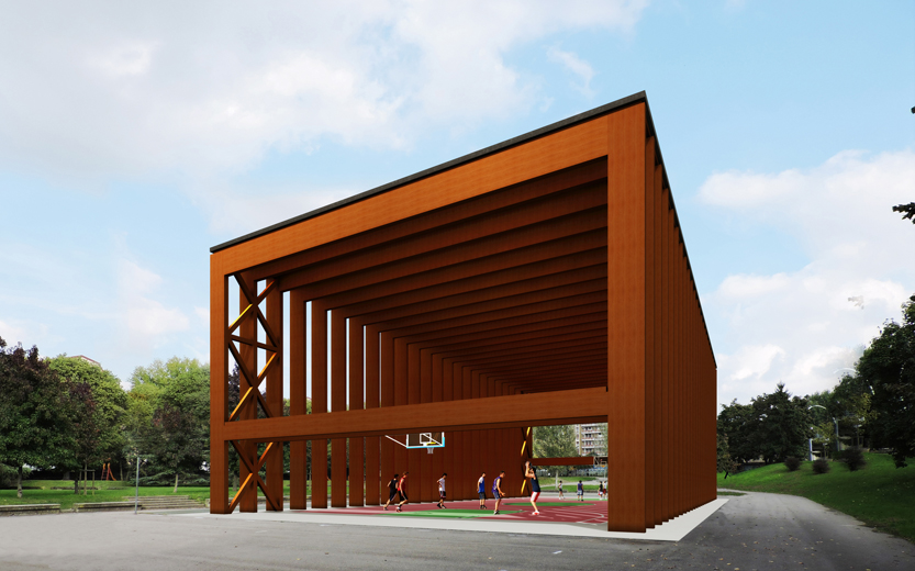 Un rendering mostra come il padiglione Coca Cola per Expo 2015 sarà rifunzionalizzato diventando copertura per un campo da basket