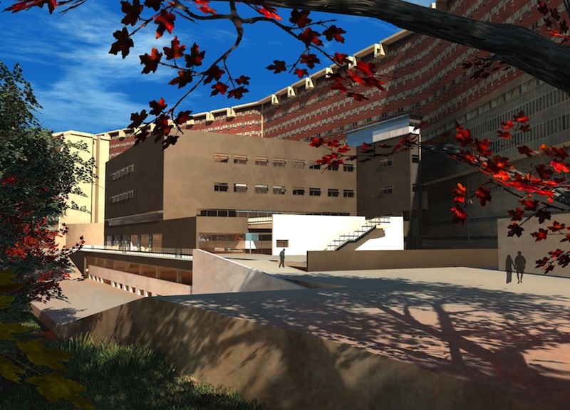 Vista di progetto dello spazio tra il vecchio edificio e il nuovo