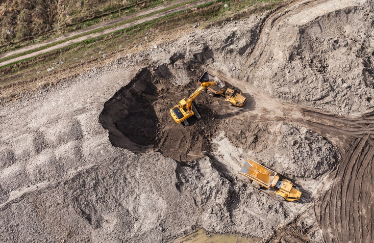 Aerial view of the working earth mover