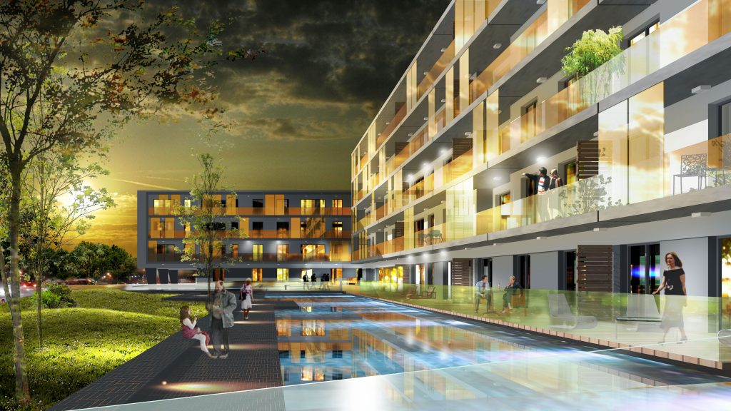Un dettaglio del primo progetto. Il complesso residenziale Les Étangs, situato su una superficie di 12.800 metri quadrati nell’esclusivo distretto di Mondorf-les-Bains. 146 appartamenti raggruppati in cinque edifici
