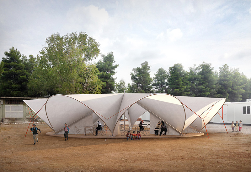 Bonaventura Visconti di Modrone e Leo Bettini Oberkalmsteiner, la "Maidan tent" nel campo profughi di Ritsona (Grecia), 2017. © Render di Filippo Bolognese