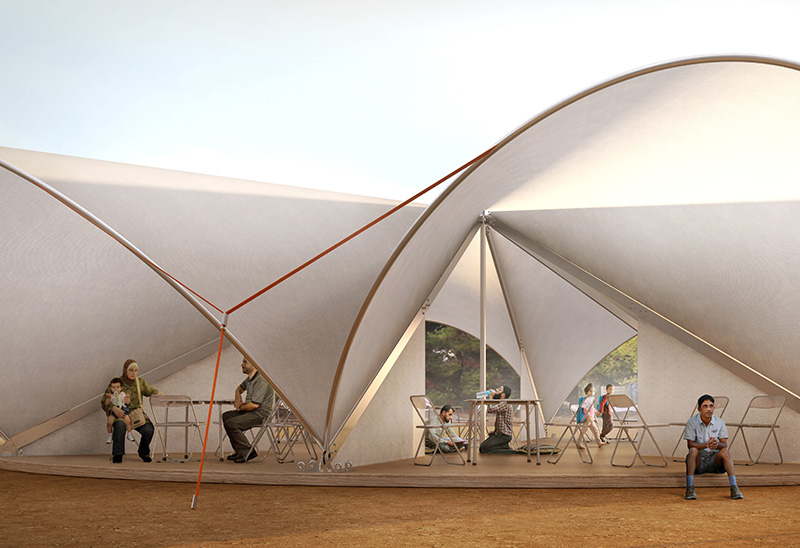 Bonaventura Visconti di Modrone e Leo Bettini Oberkalmsteiner, la "Maidan tent" nel campo profughi di Ritsona (Grecia), 2017. © Render di Filippo Bolognese