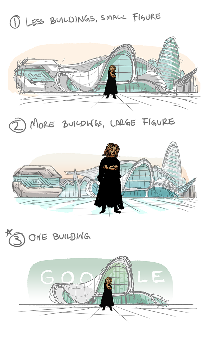 Anche i disegni preliminari del Doodle sono un omaggio al processo architettonico (C) Google