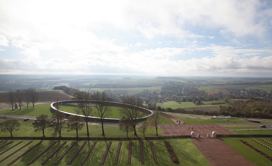 A view shows the new war memorial at Notre Dame de Lorette, an elliptical ring engraved with the names of the 580,000 men who died in northern France during the First World War, in Ablain-Saint-Nazaire