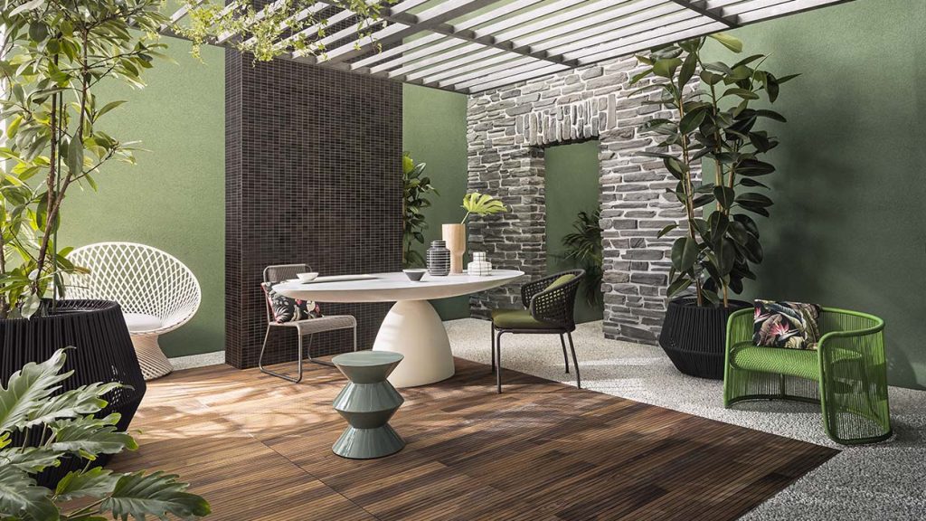 Ultracolor Plus, proposta nel colore 136, Set the Mood Collection. MapeWall Muratura Fine, colore grigio.
Foto Lorenzo Pennati