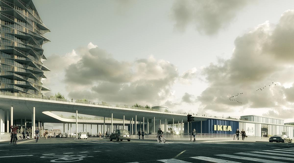 Il piazzale d'ingresso allo store Ikea in continuità con le torri residenziali denominate Cactus Tower per la loro forma iconica © Dorte Mandrup Arkitekter