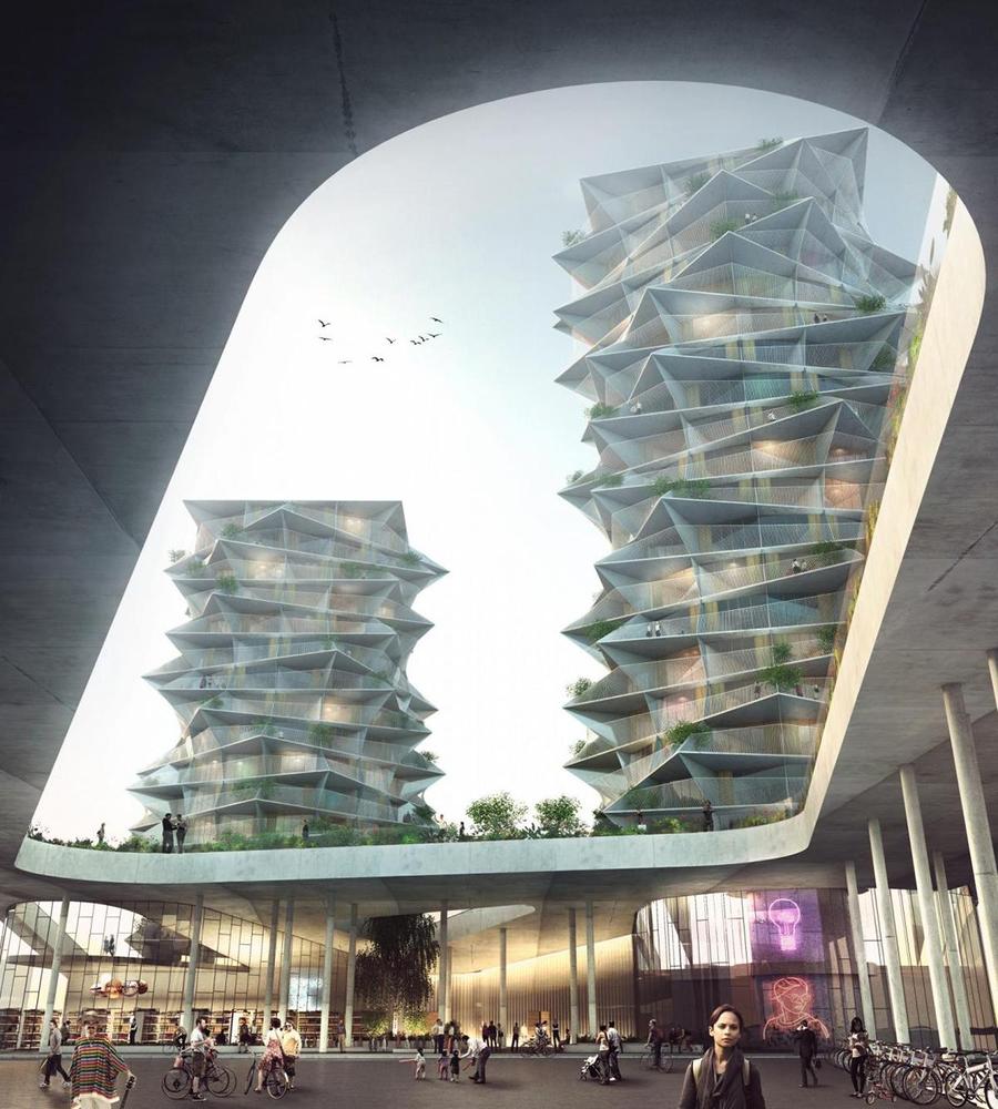 Progettate da Bjarke Ingels Group, le Cactus Towers presentano una configurazione spigolosa dettata dalla sovrapposizione di piani sfalsati l'uno con l'altro © Bjarke Ingels
