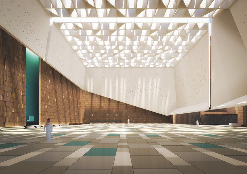 La sala principale della futura Moschea AlJabri attraversata da una luce soffusa proveniente dall'alto © Schiattarella Associati