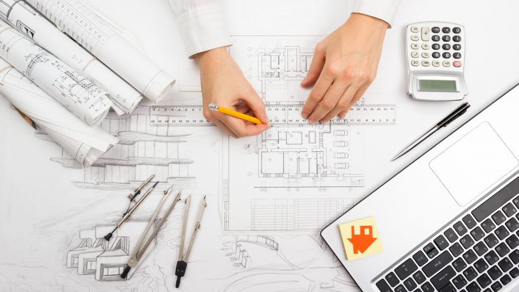 Architects workplace - architectural project, blueprints
