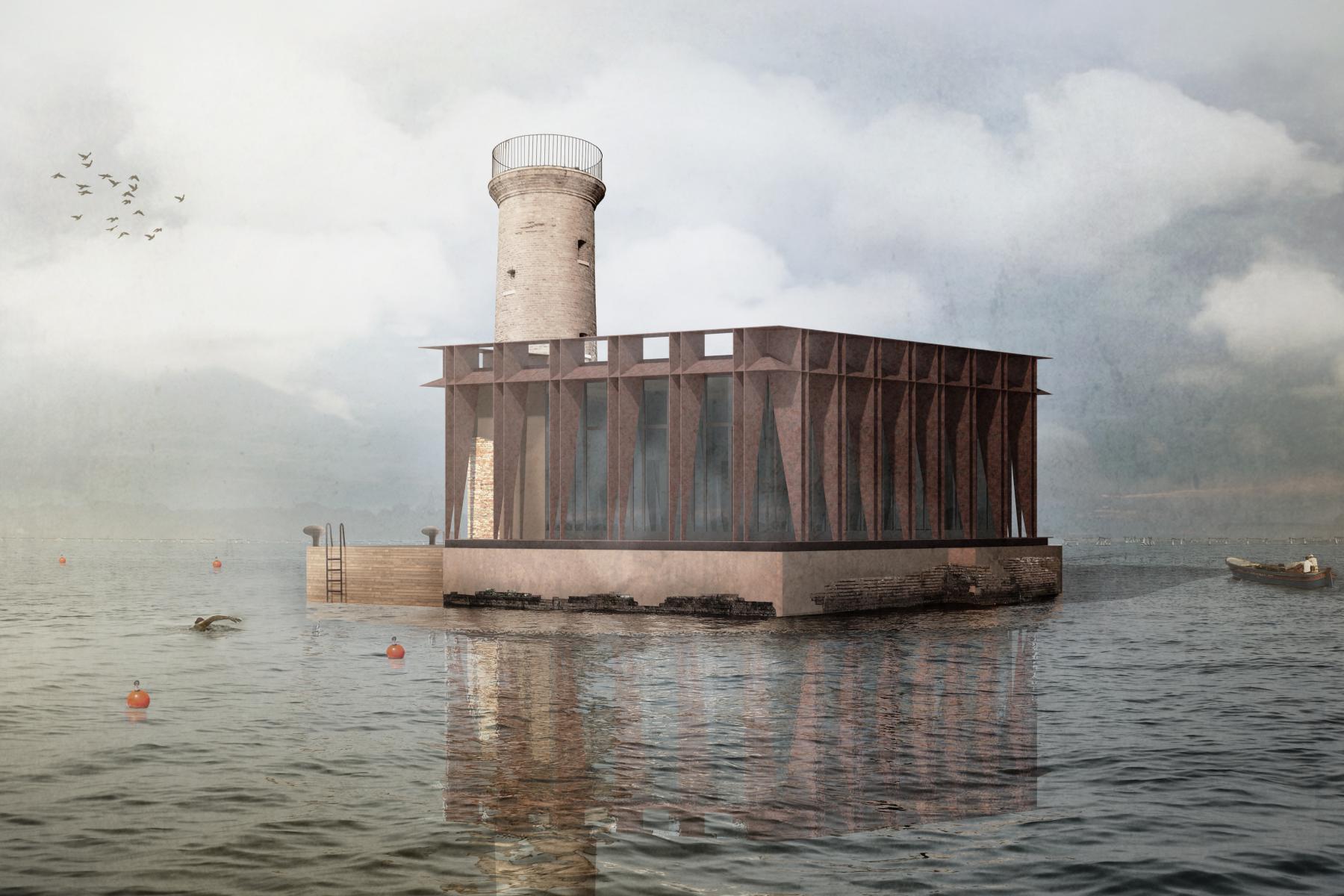 Il progetto prevede il restauro del faro esistente e la realizzazione di una nuova struttura in vetro e acciaio corten dal layout interno flessibile e adattabile a diversi usi © LAD