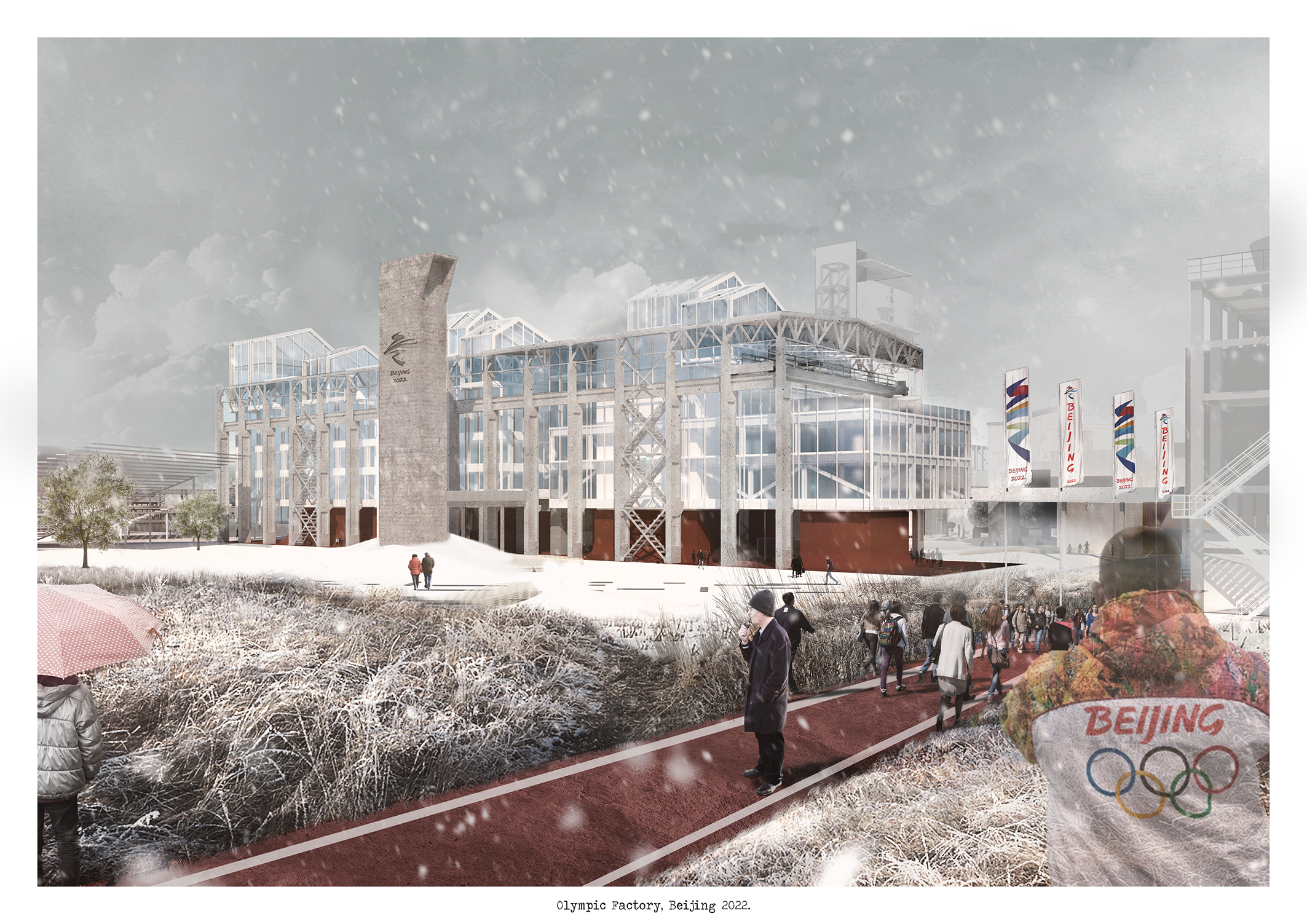 Il progetto del Politecnico di Torino per le Olimpiadi di Pechino 2022 - trasformazione della Oxygen Factory - render dal parco a sud-est